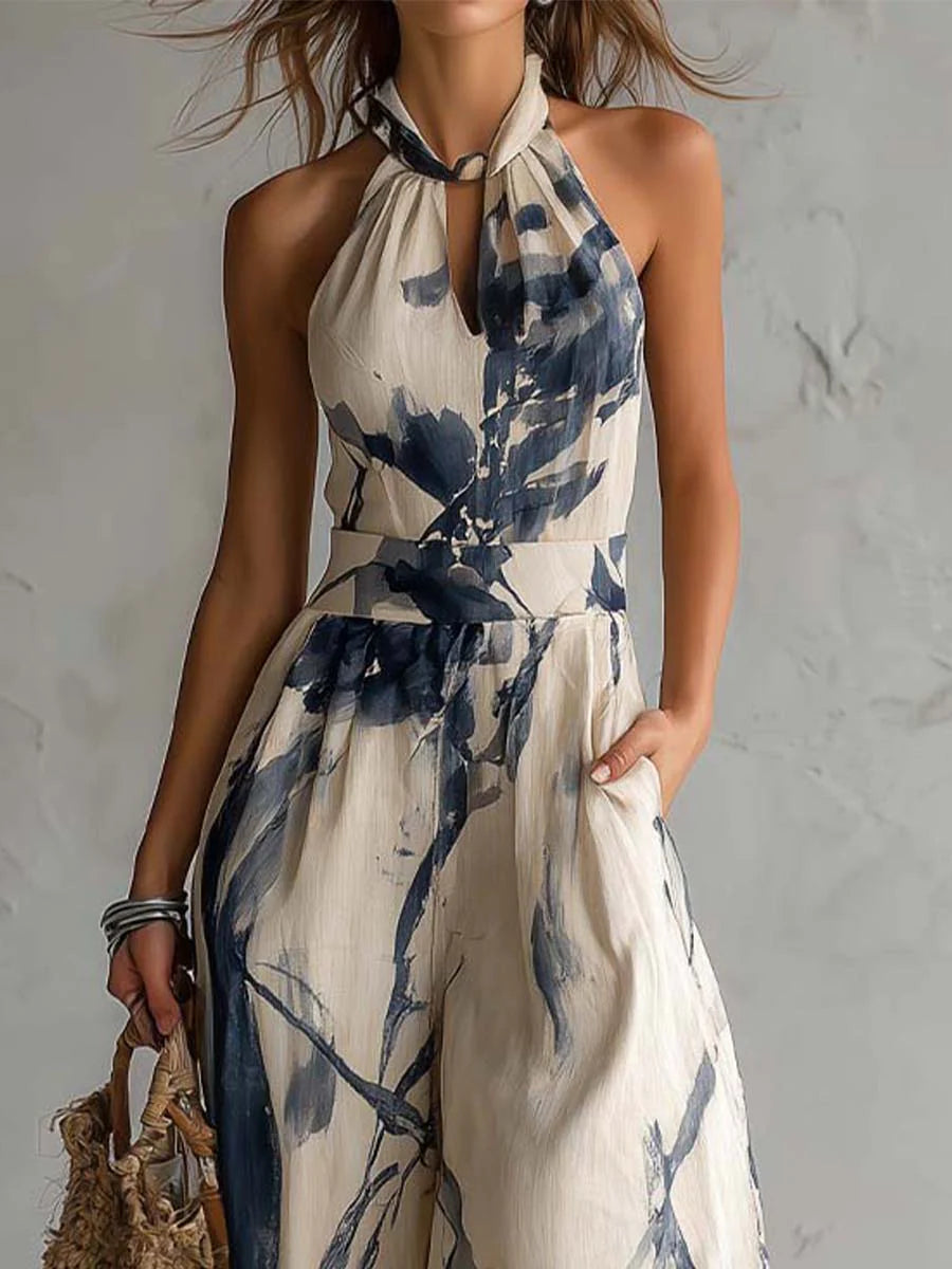 Halter Neck Ink Wash Print Wide Leg Jumpsuit With Pockets