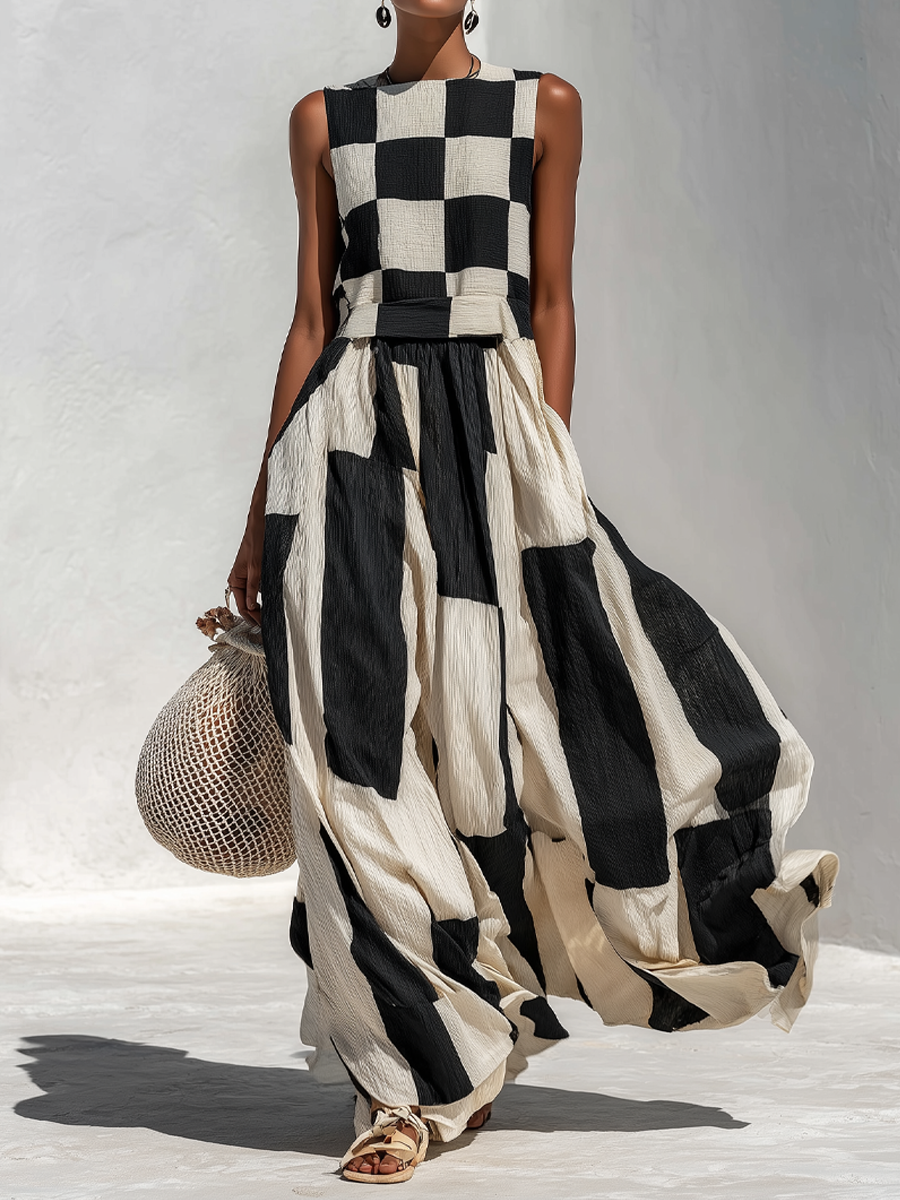 Casual & Stylish Cotton-Linen Blend With Plaid And Stripe Paneling Sleeveless Maxi Dress
