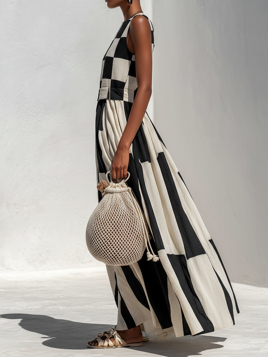 Casual & Stylish Cotton-Linen Blend With Plaid And Stripe Paneling Sleeveless Maxi Dress