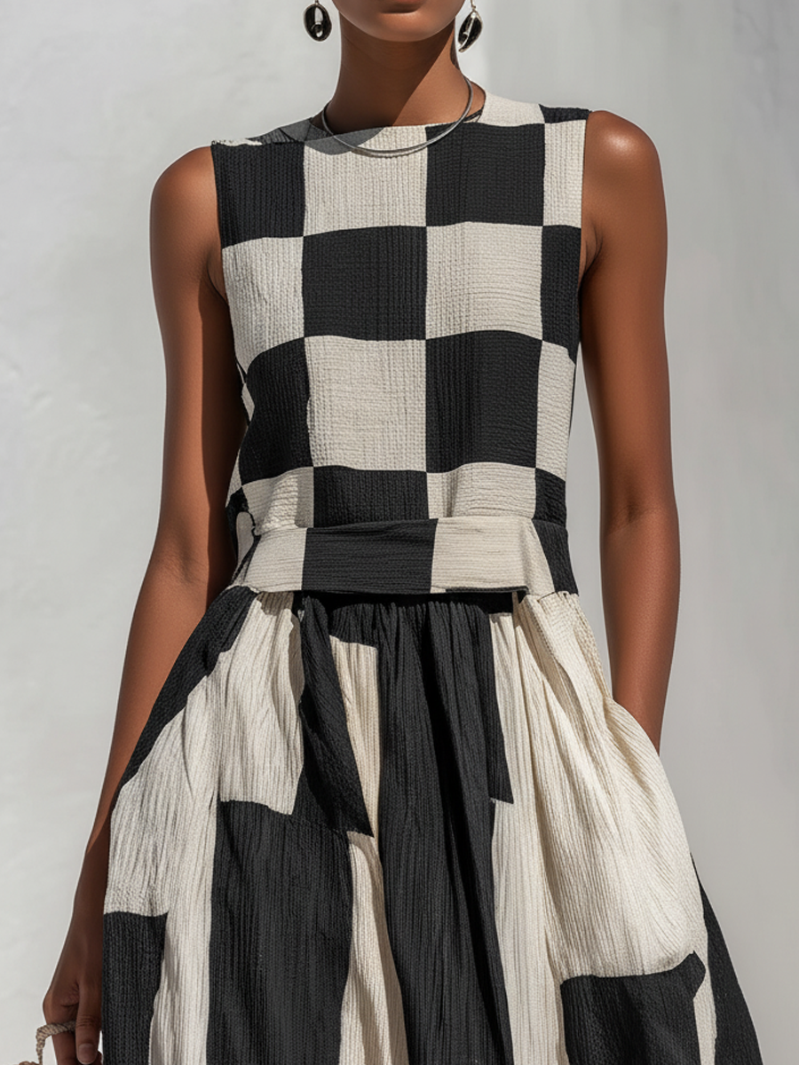 Casual & Stylish Cotton-Linen Blend With Plaid And Stripe Paneling Sleeveless Maxi Dress