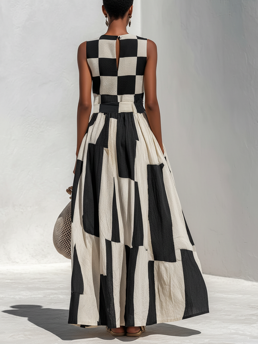 Casual & Stylish Cotton-Linen Blend With Plaid And Stripe Paneling Sleeveless Maxi Dress