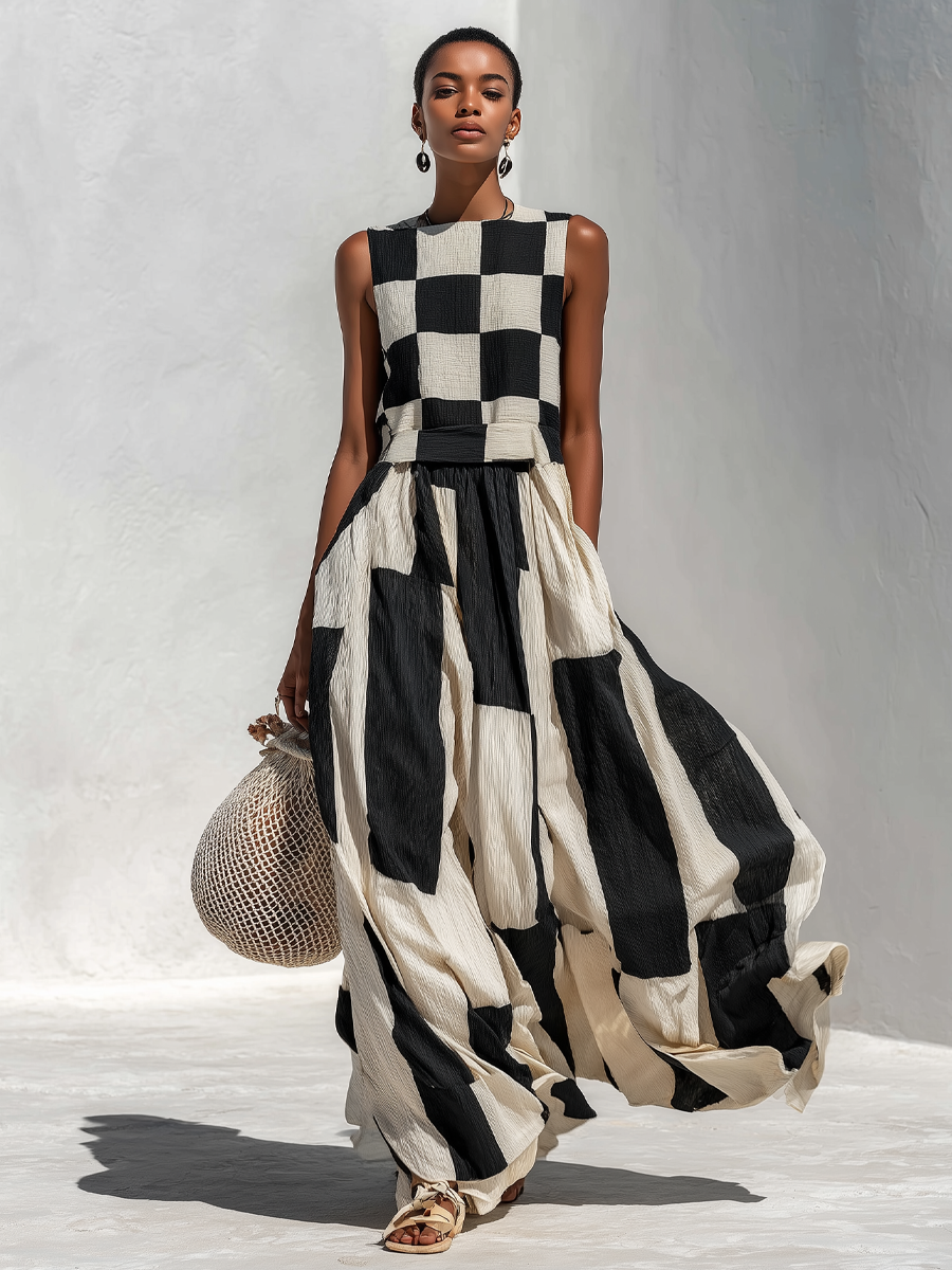 Casual & Stylish Cotton-Linen Blend With Plaid And Stripe Paneling Sleeveless Maxi Dress
