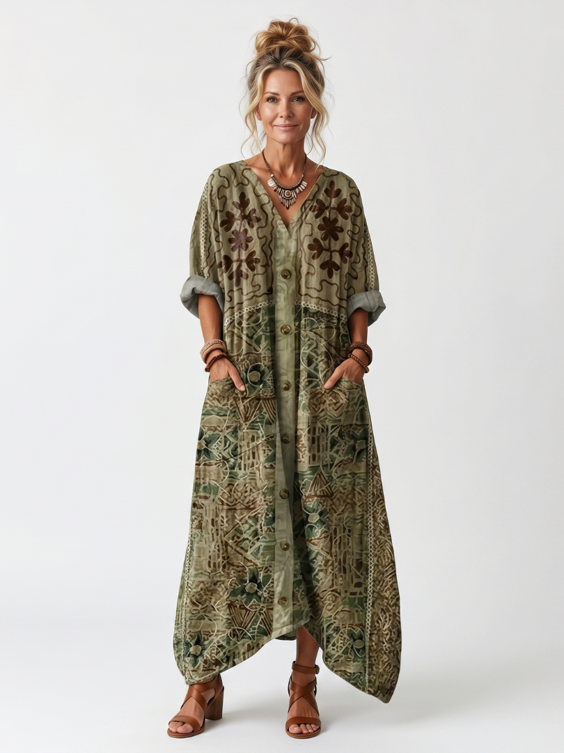 Aleta Button Front Oversized Pocket Midi Dress