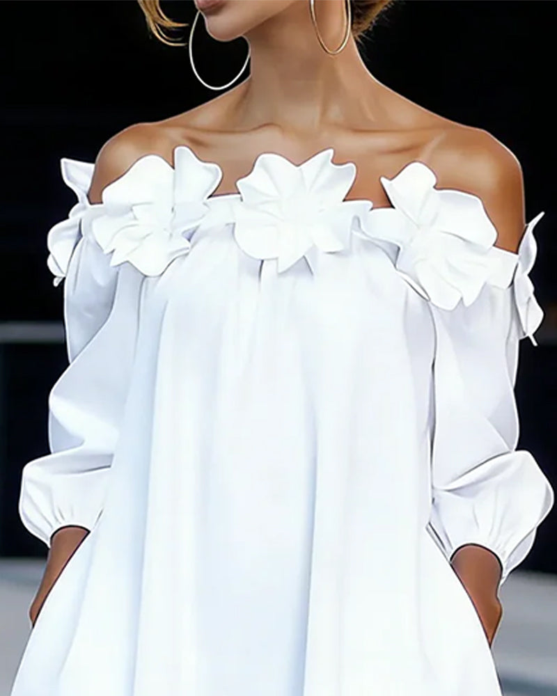 Normie - Elegant Off-Shoulder Floral Accent Dress
