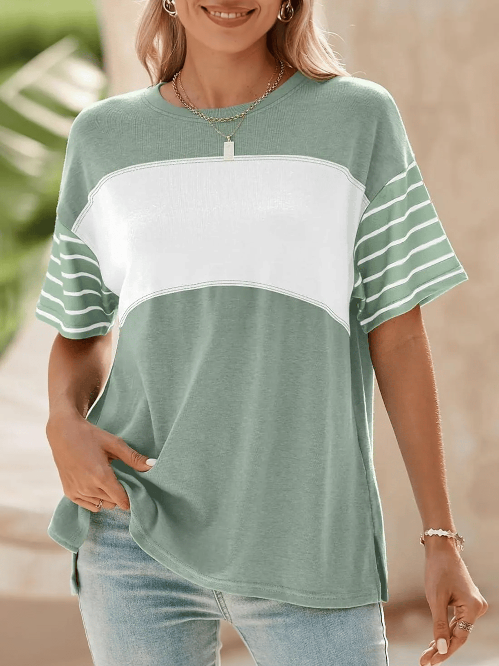 Womens Oversized Crewneck Casual Color Block Striped Shirts Blouses