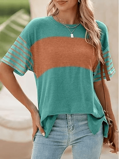 Womens Oversized Crewneck Casual Color Block Striped Shirts Blouses