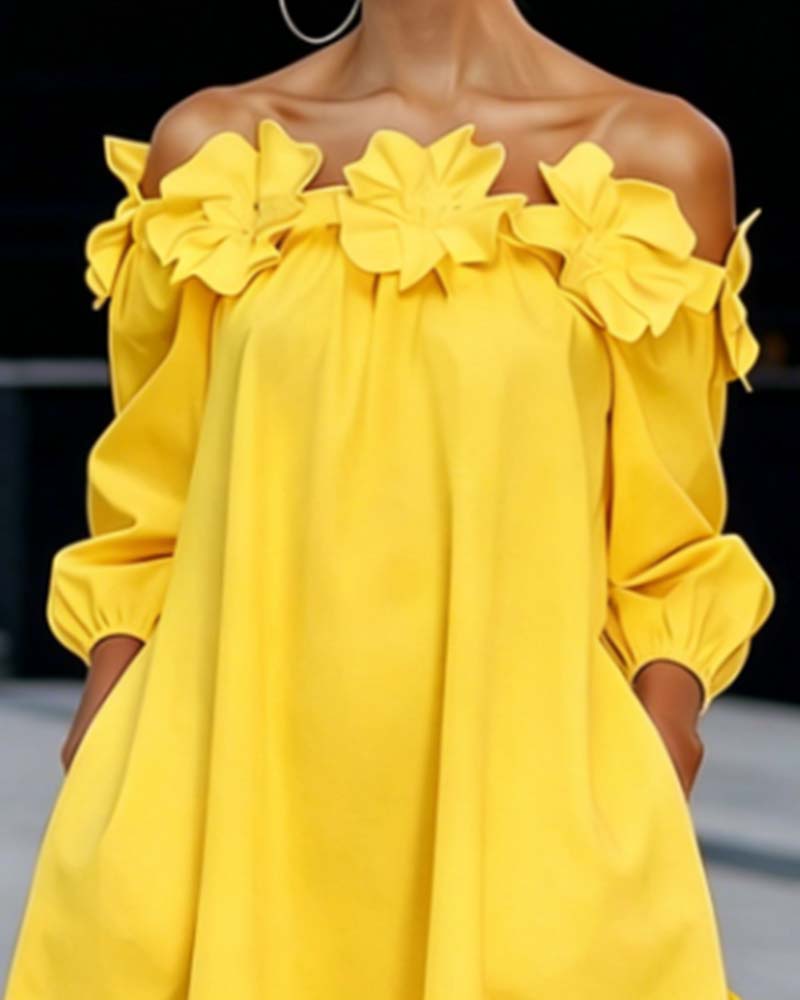 Normie - Elegant Off-Shoulder Floral Accent Dress