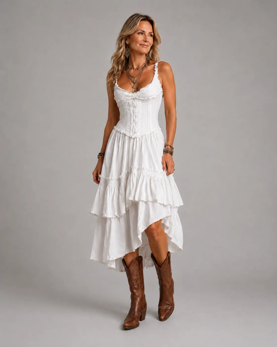 Retro Boho Corset Tiered Midi Dress With Lace-Trim