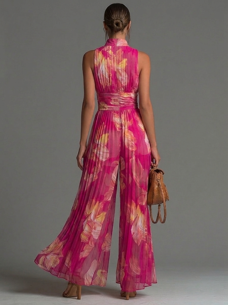 Zsófia Jumpsuit - Fuchsia Floral Pleated Chiffon