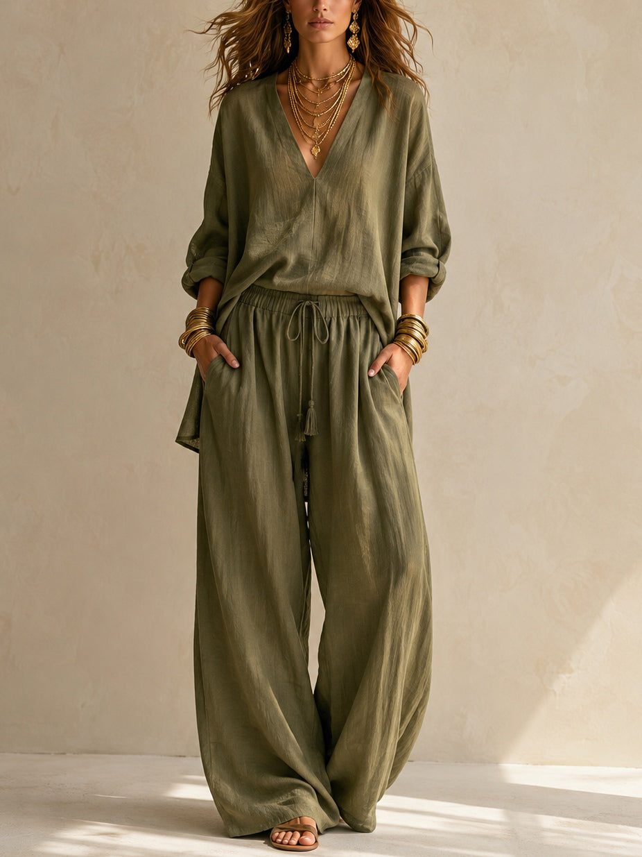 OLIVIA | V-NECK WIDE-LEG TWO-PIECE SET