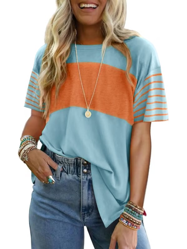 Womens Oversized Crewneck Casual Color Block Striped Shirts Blouses