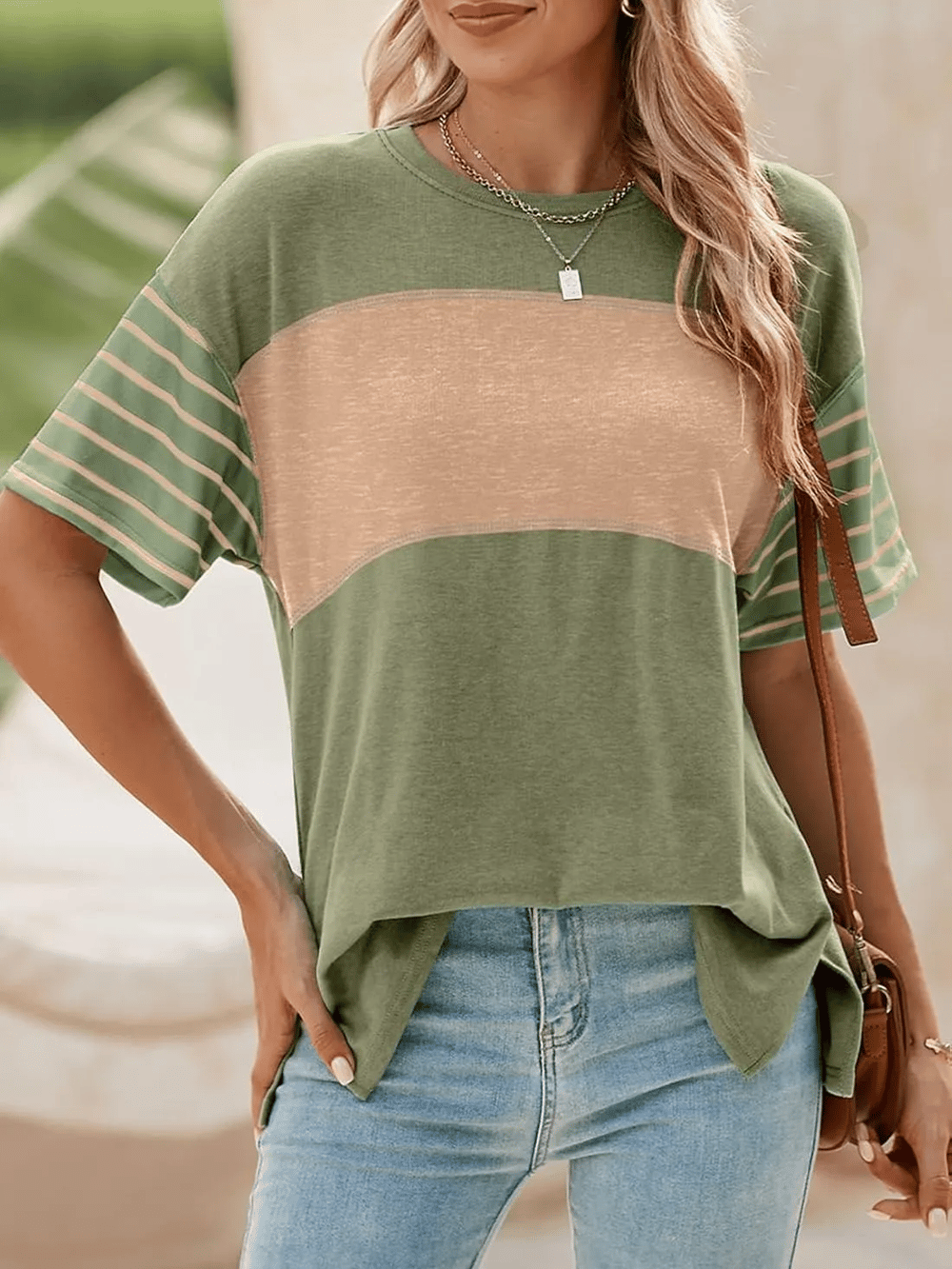 Womens Oversized Crewneck Casual Color Block Striped Shirts Blouses